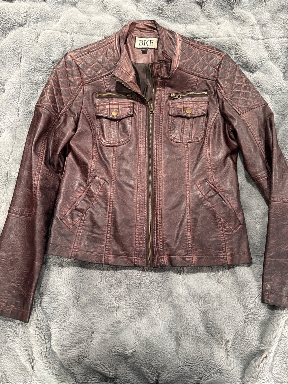 BKE Women's Wine Faux Leather Moto Jacket